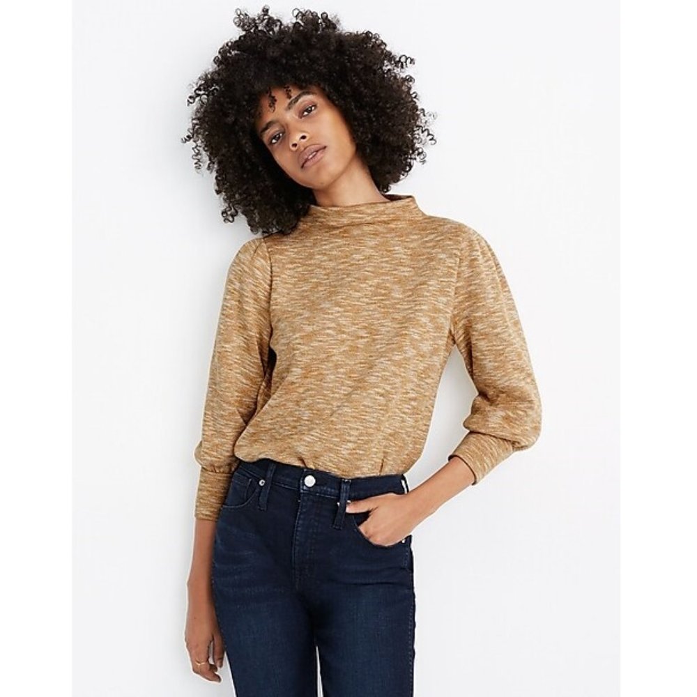 Madewell Gathered-Sleeve Mockneck Top Knit 3/4 Sleeves Pullover Sweater M - Picture 2 of 7